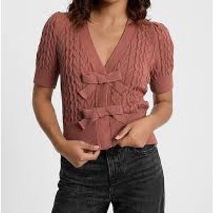 Express Cable Knit Double Bow Short Sleeve Cardigan. Medium